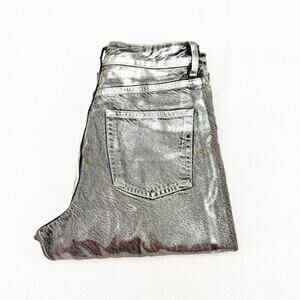 Zara Coated Silver Gray Metallic Denim Jeans Raw Hem Straight Leg Size 4